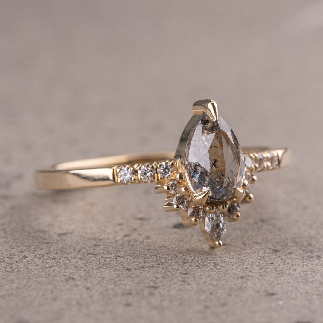 Natural Salt And Pepper 2.95 CT Pear Diamond Unique Handmade Ring