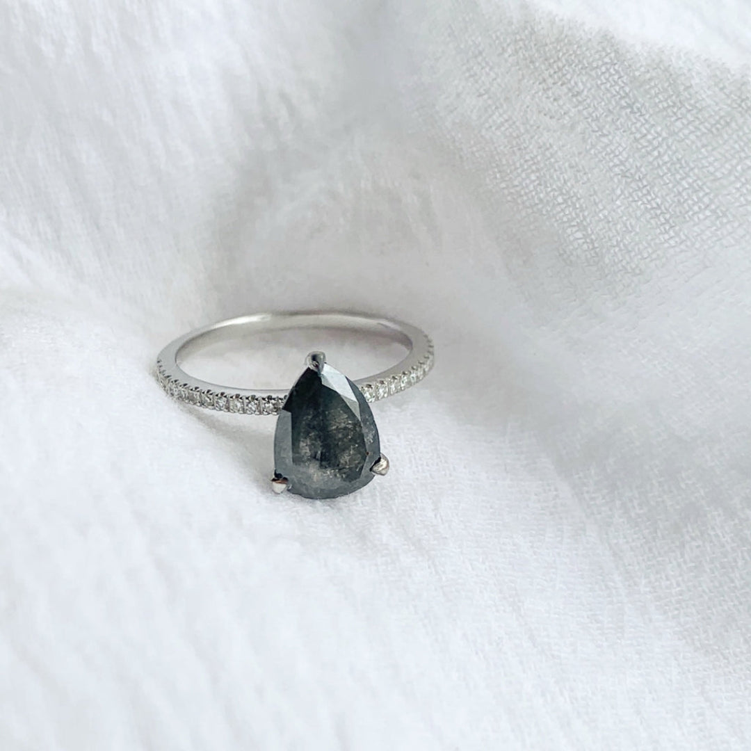 Natural Salt And Pepper CT Pear Diamond Unique Anniversary Ring - Main Image