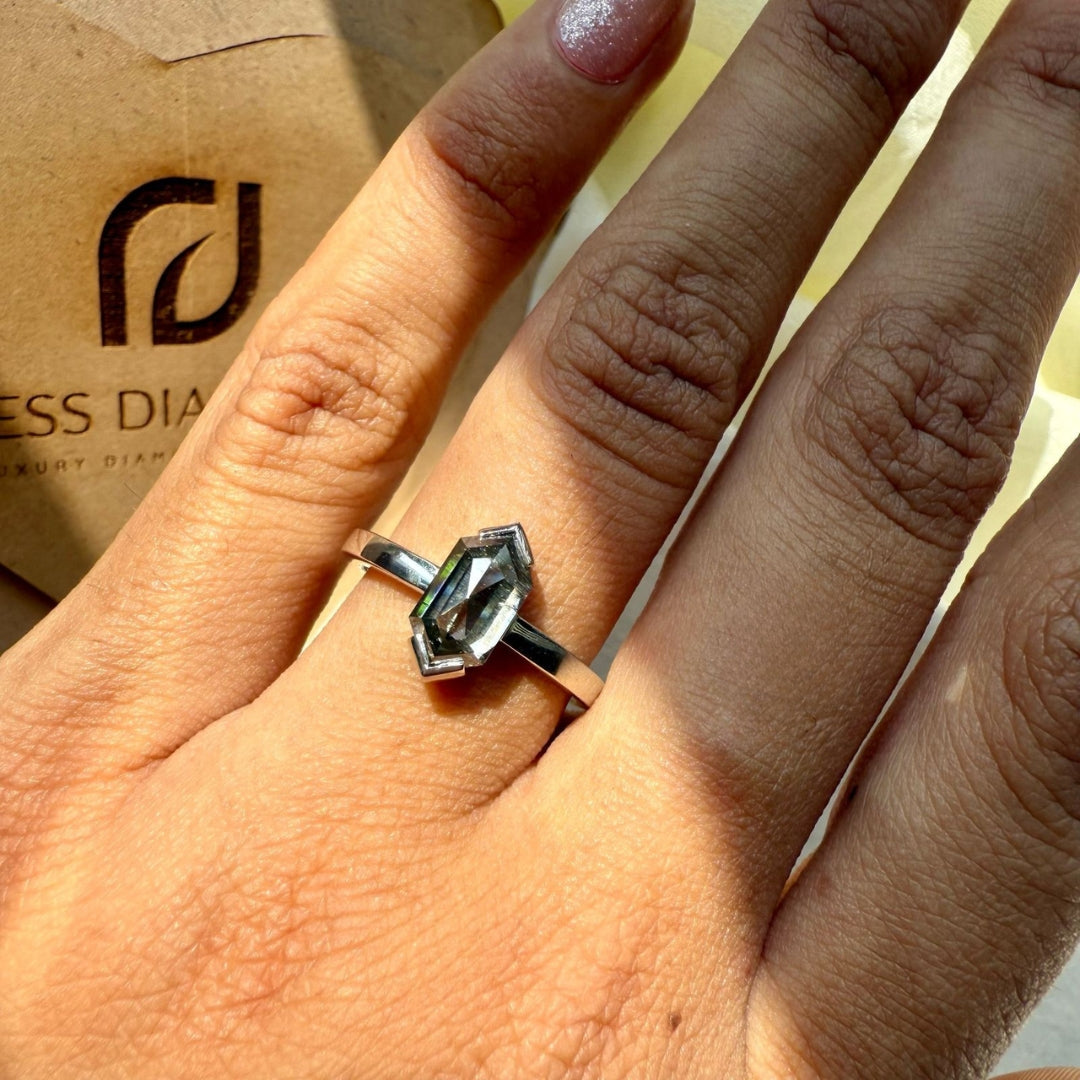 Natural salt and pepper 2.25 CT Hexagon Cut Solitaire Diamond Stunning Ring