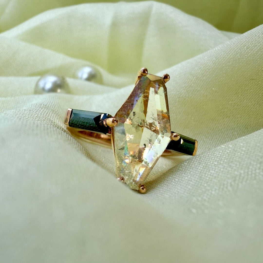 Salt And Pepper Diamond Ring, Lozenge Cut Art Deco Unique Engagement Ring