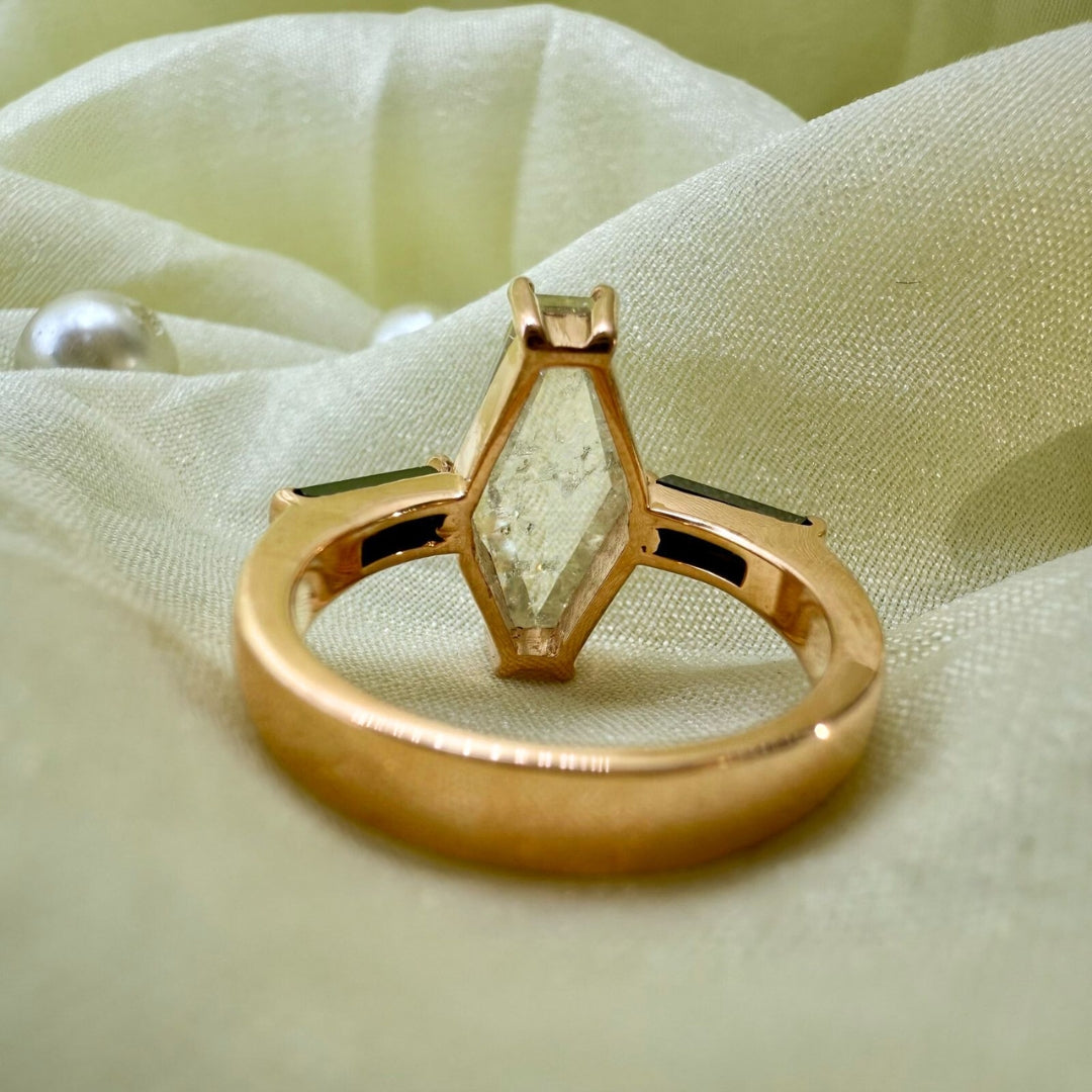 Salt And Pepper Diamond Ring, Lozenge Cut Art Deco Unique Engagement Ring