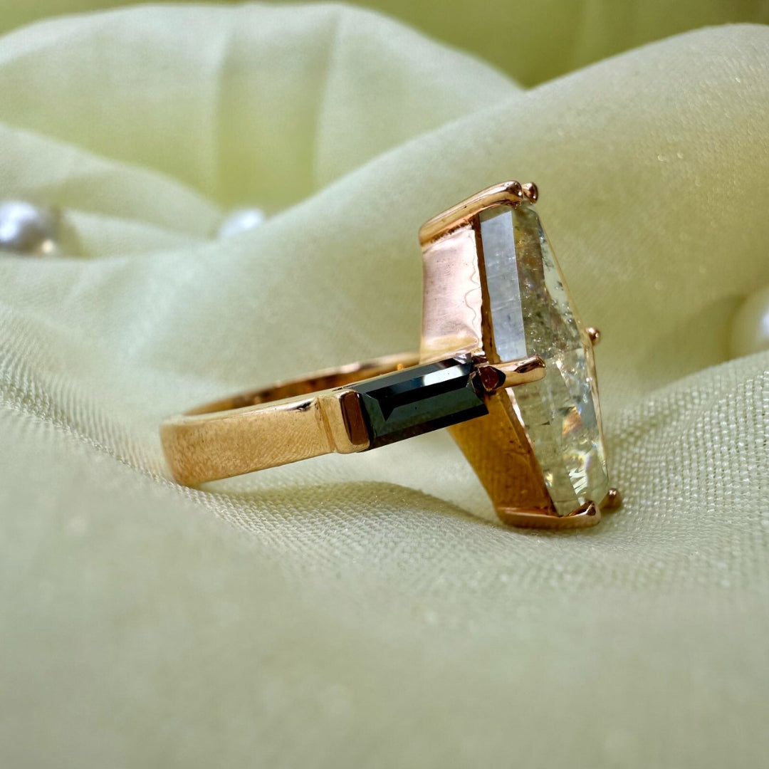 Salt And Pepper Diamond Ring, Lozenge Cut Art Deco Unique Engagement Ring