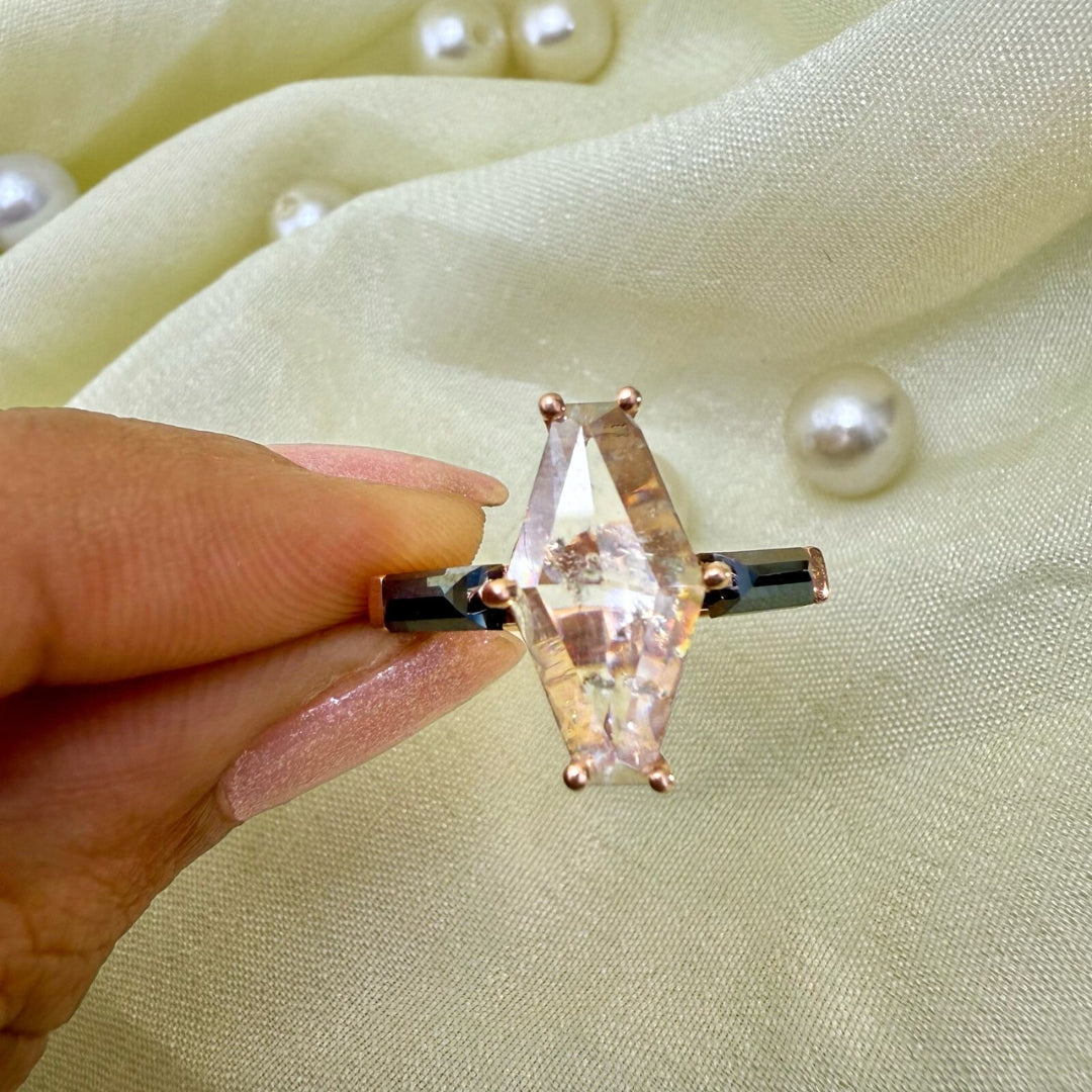Salt And Pepper Diamond Ring, Lozenge Cut Art Deco Unique Engagement Ring