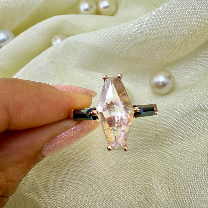Salt And Pepper Diamond Ring, Lozenge Cut Art Deco Unique Engagement Ring