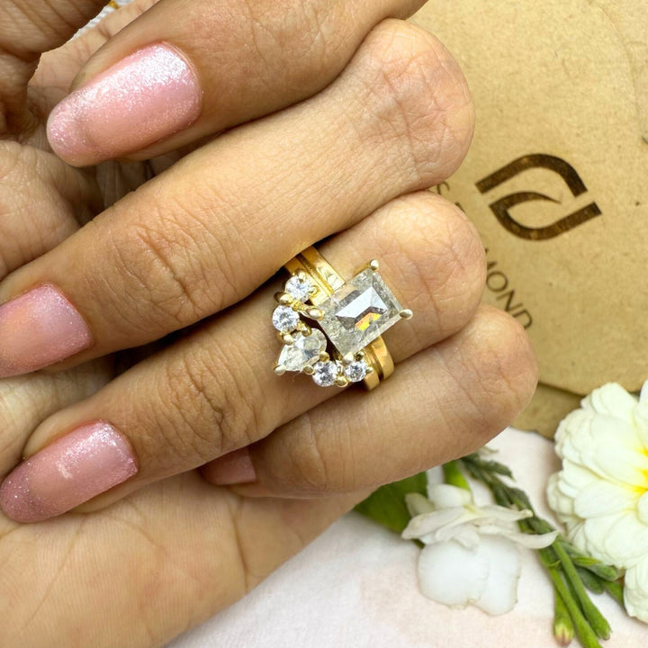 Side Stone Emerald Cut Salt and Pepper Diamond Engagement Ring