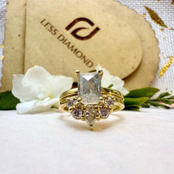 Side Stone Emerald Cut Salt and Pepper Diamond Engagement Ring