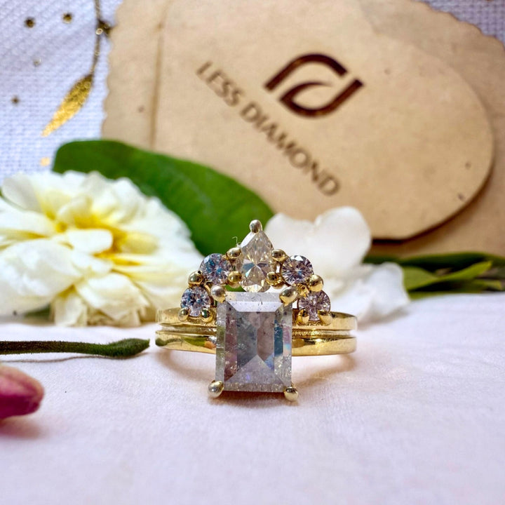 Side Stone Emerald Cut Salt and Pepper Diamond Engagement Ring