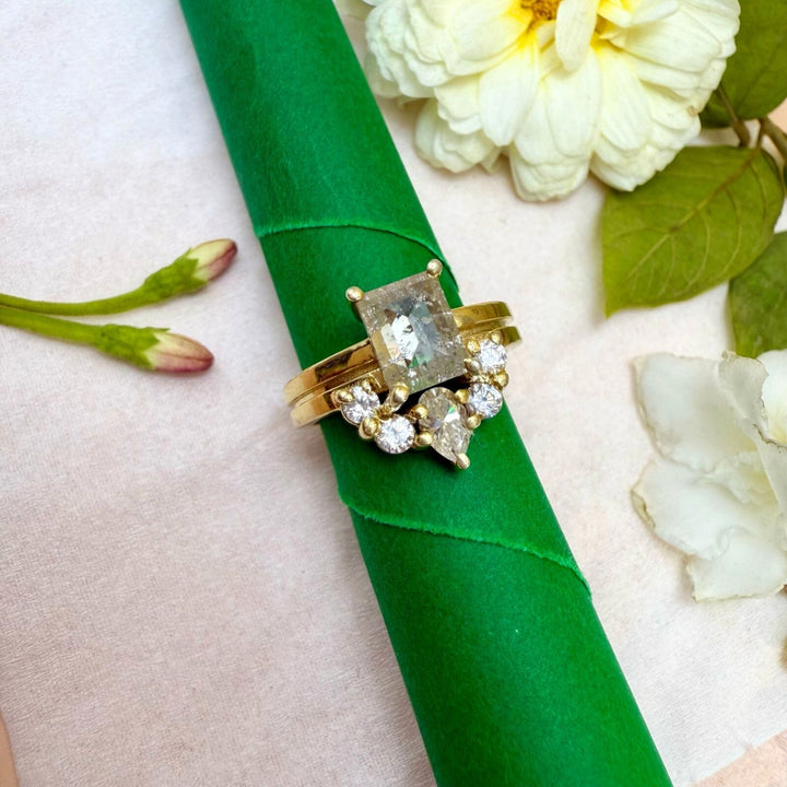 Side Stone Emerald Cut Salt and Pepper Diamond Engagement Ring