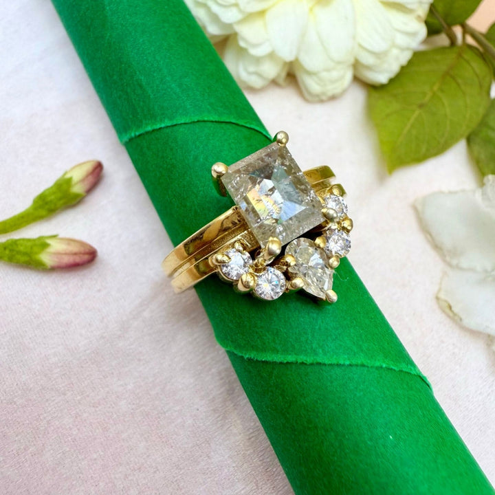 Side Stone Emerald Cut Salt and Pepper Diamond Engagement Ring