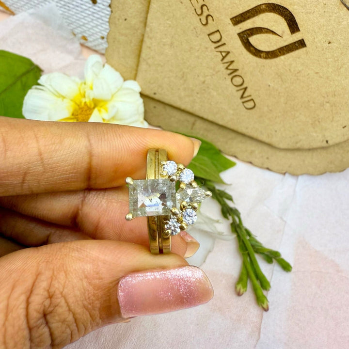 Side Stone Emerald Cut Salt and Pepper Diamond Engagement Ring