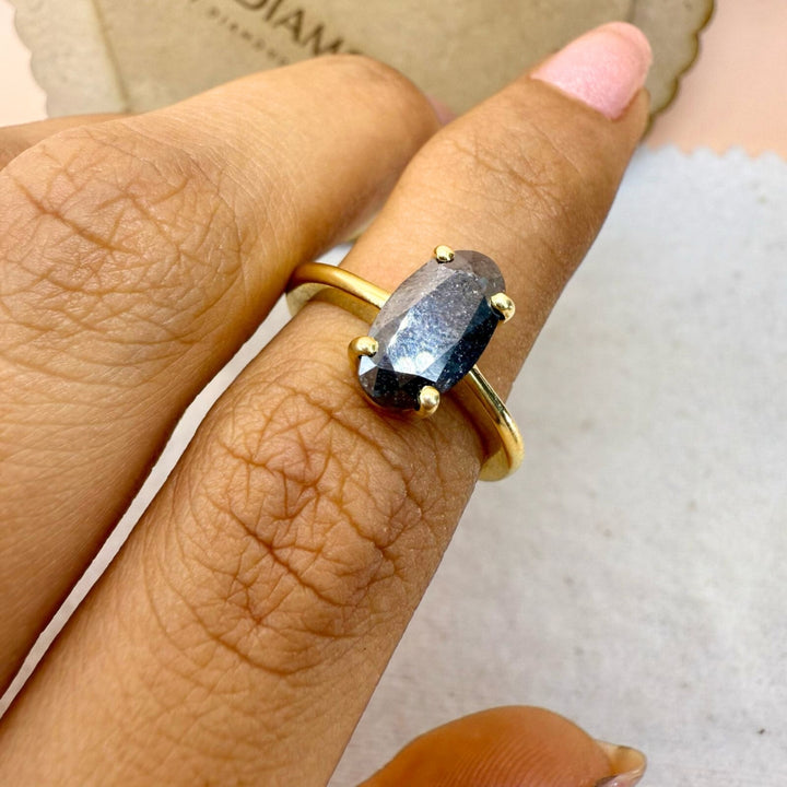 Unique Black Oval Cut Salt and Pepper Diamond Ring For Women Ring