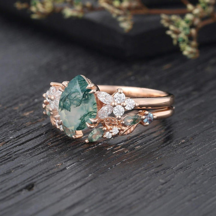 Ethereal Bloom Pear Moss Agate Floral Diamond Ring