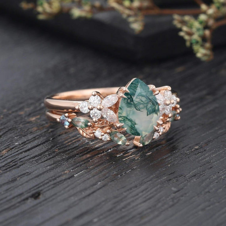 Ethereal Bloom Pear Moss Agate Floral Diamond Ring