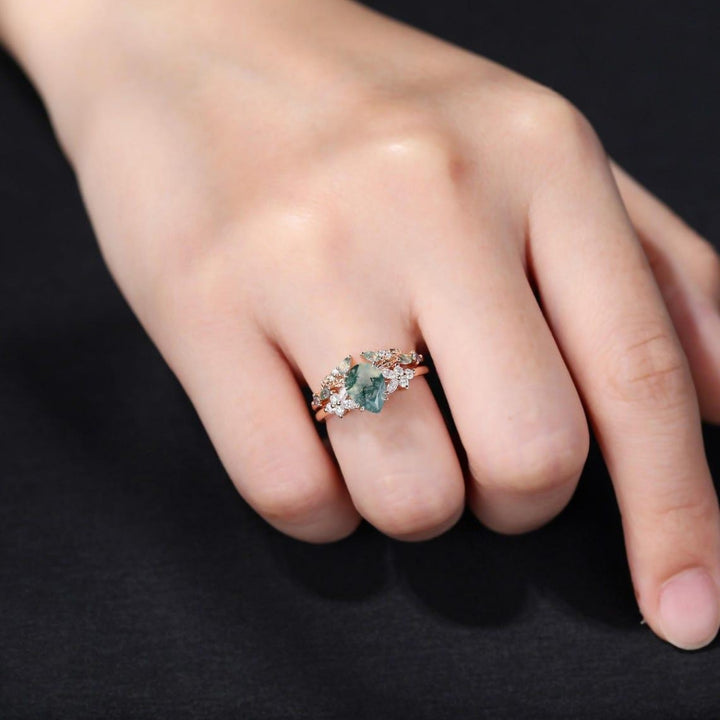 Ethereal Bloom Pear Moss Agate Floral Diamond Ring