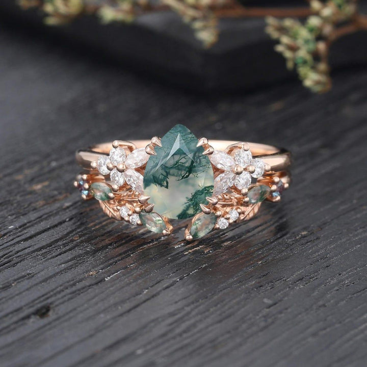 Ethereal Bloom Pear Moss Agate Floral Diamond Ring