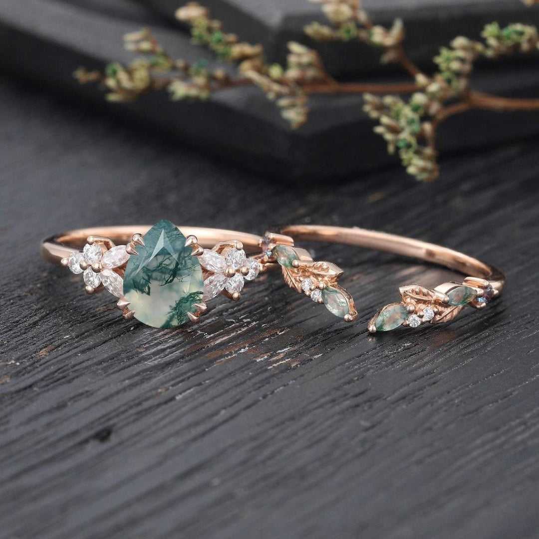 Ethereal Bloom Pear Moss Agate Floral Diamond Ring