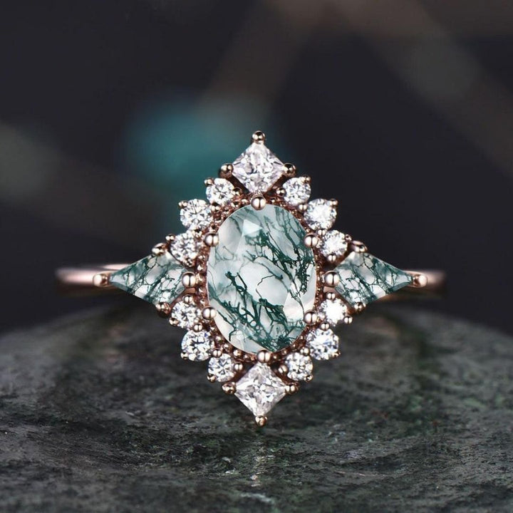 Green Majesty Halo Moss Agate Engagement Ring