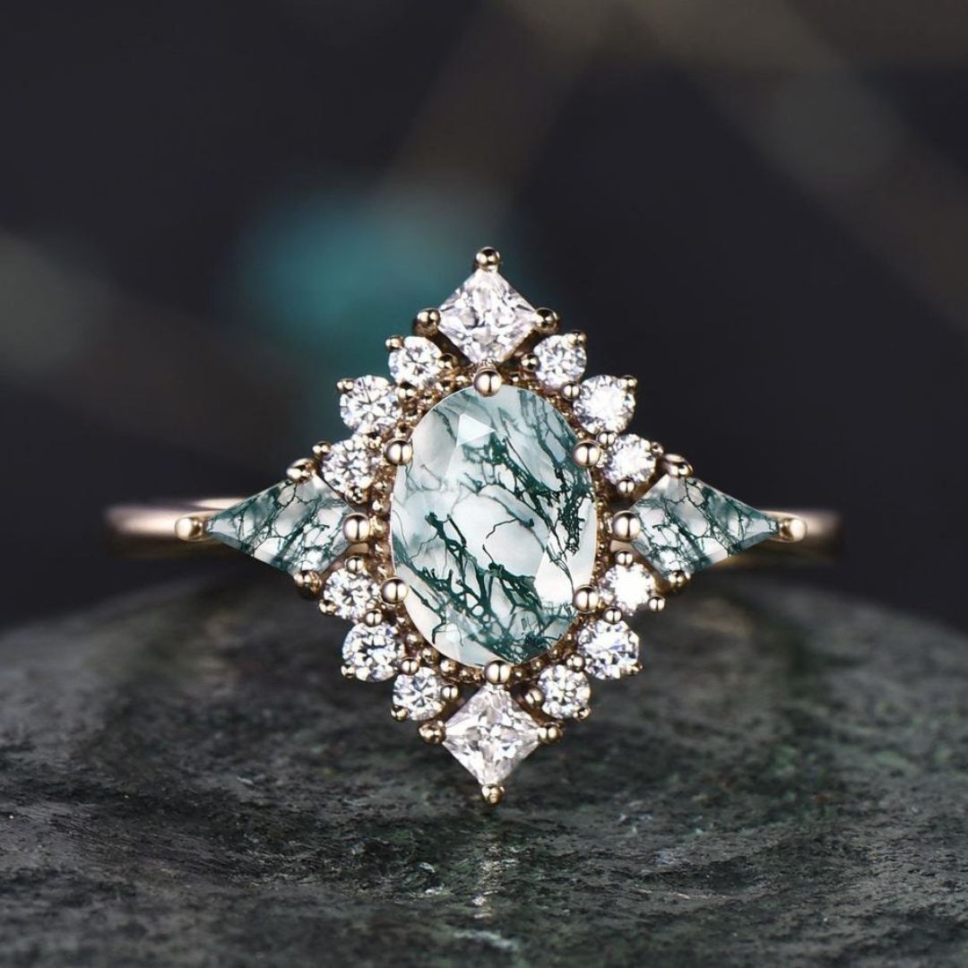 Green Majesty Halo Moss Agate Engagement Ring