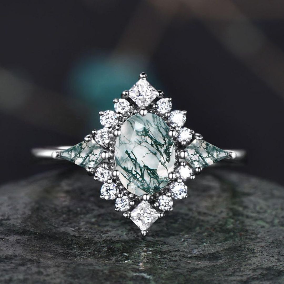 Green Majesty Halo Moss Agate Engagement Ring