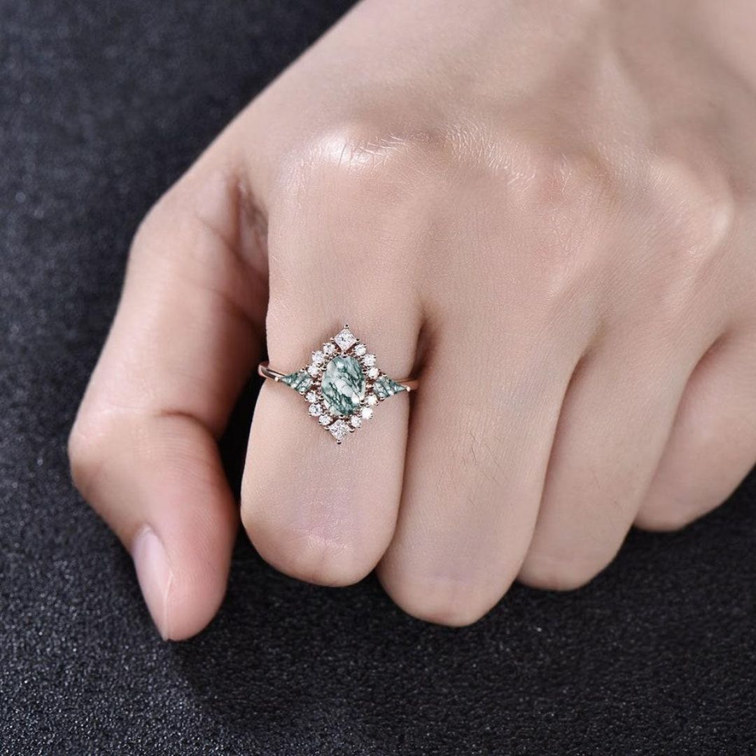 Green Majesty Halo Moss Agate Engagement Ring