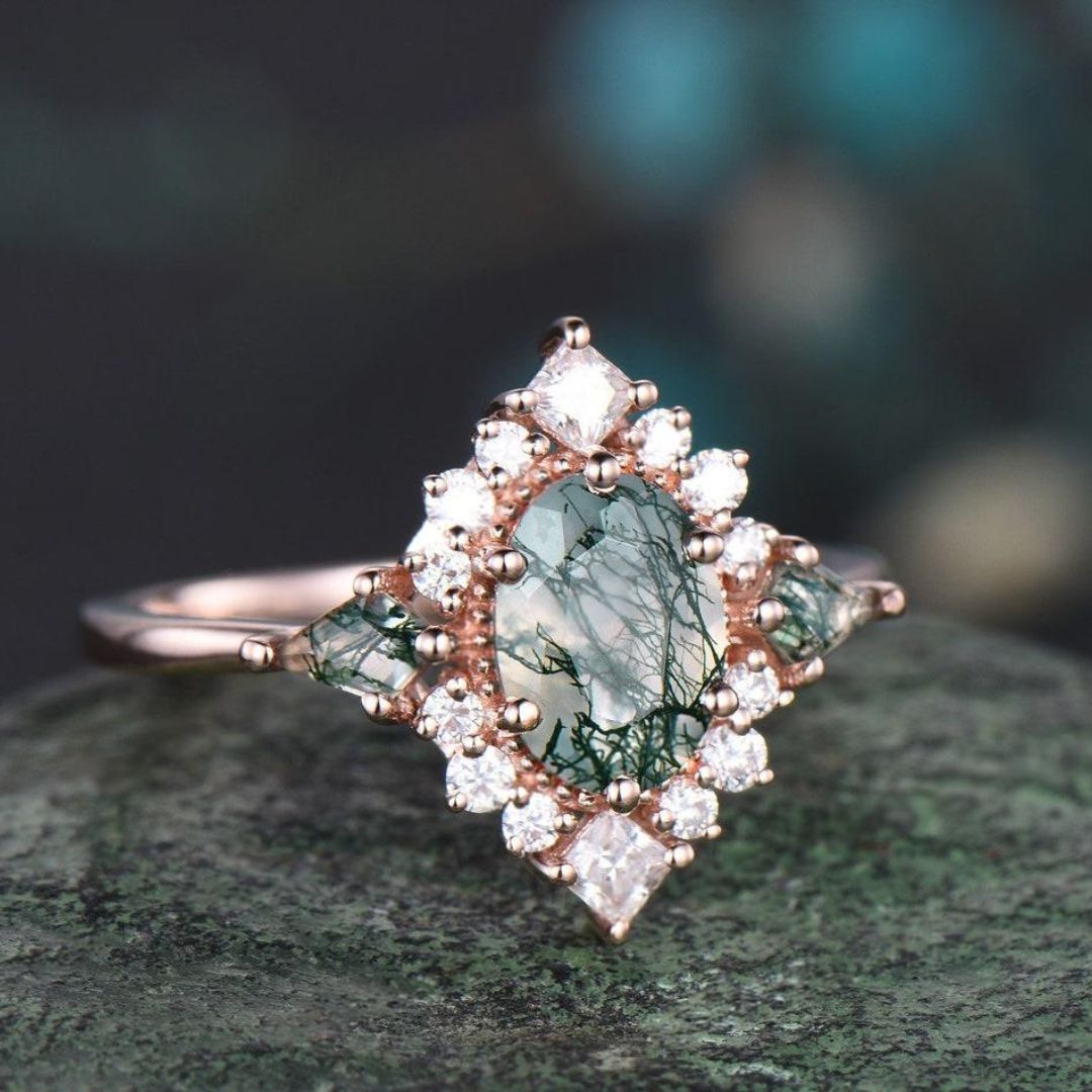 Green Majesty Halo Moss Agate Engagement Ring