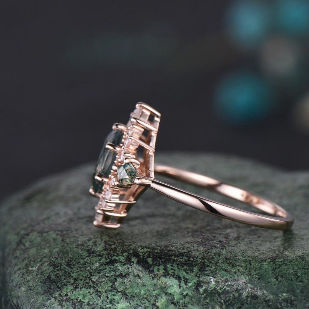 Green Majesty Halo Moss Agate Engagement Ring
