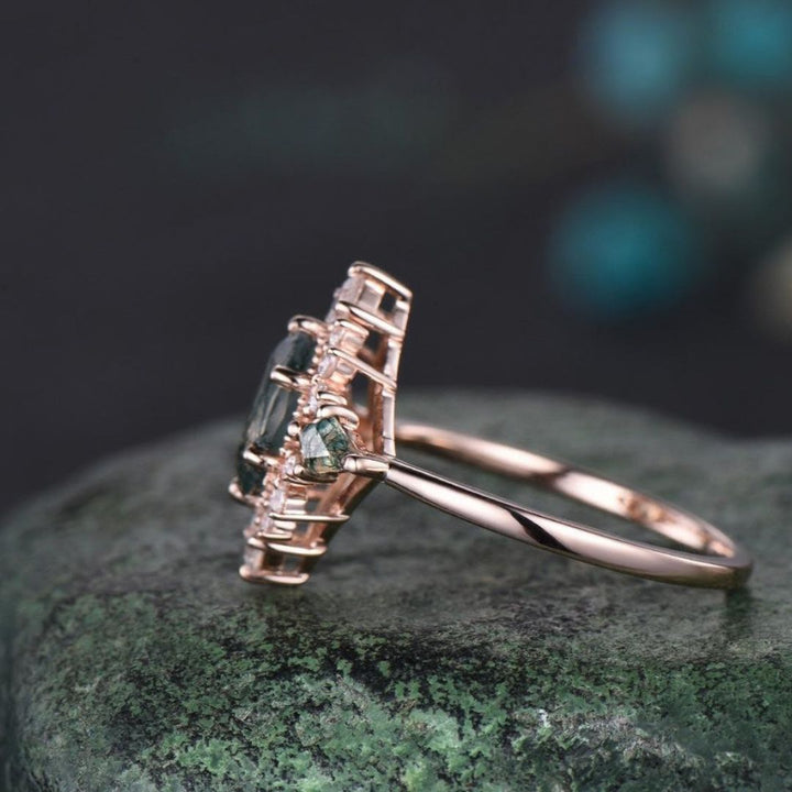Green Majesty Halo Moss Agate Engagement Ring