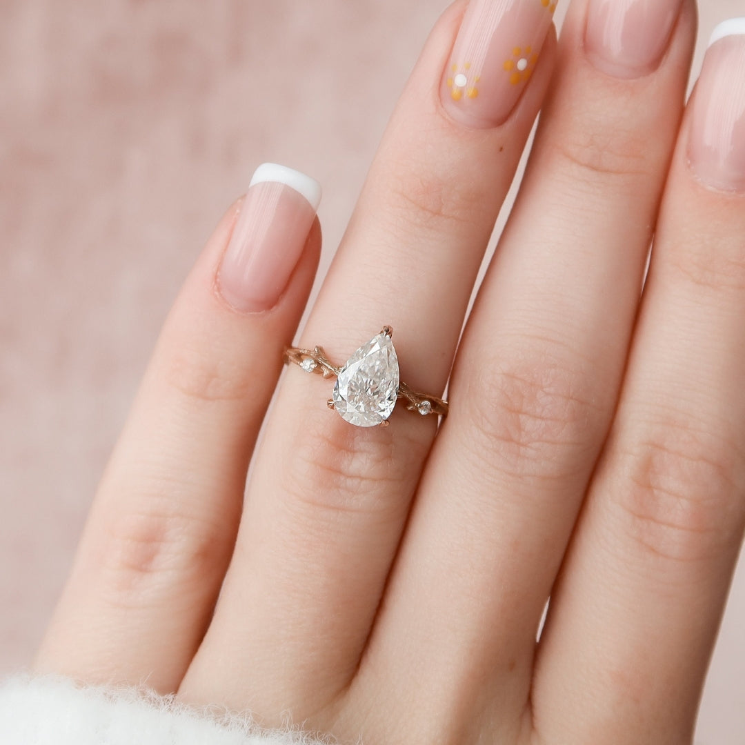 Moissanite 1.55 CT Pear Cut Diamond Art Nouveau Handmade Ring