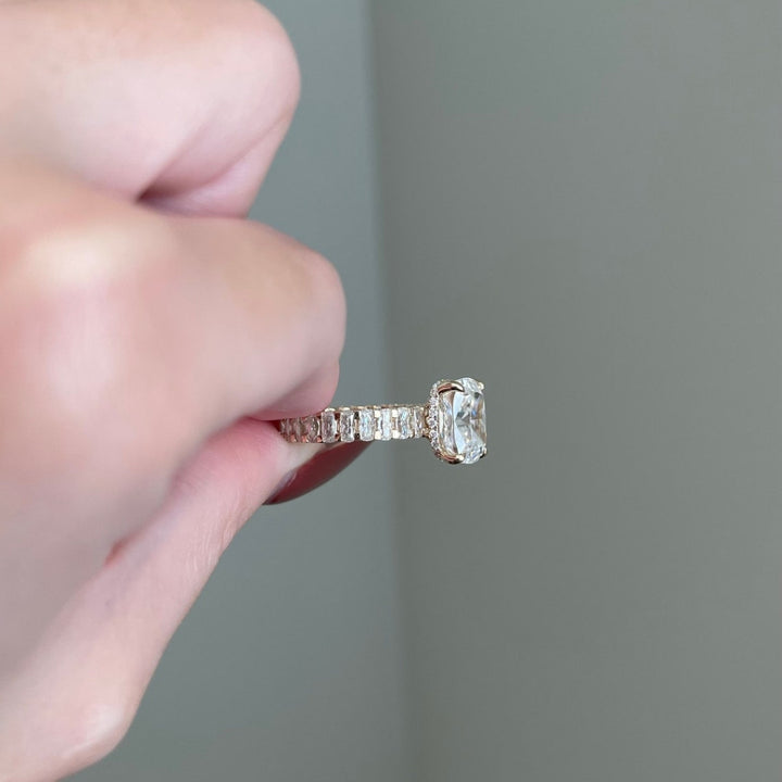 White diamond cushion ring with hidden halo