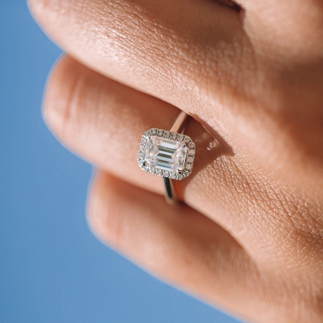 Moissanite  3.85 CT Emerald Cut Diamond  Art Nouveau Wedding  Ring