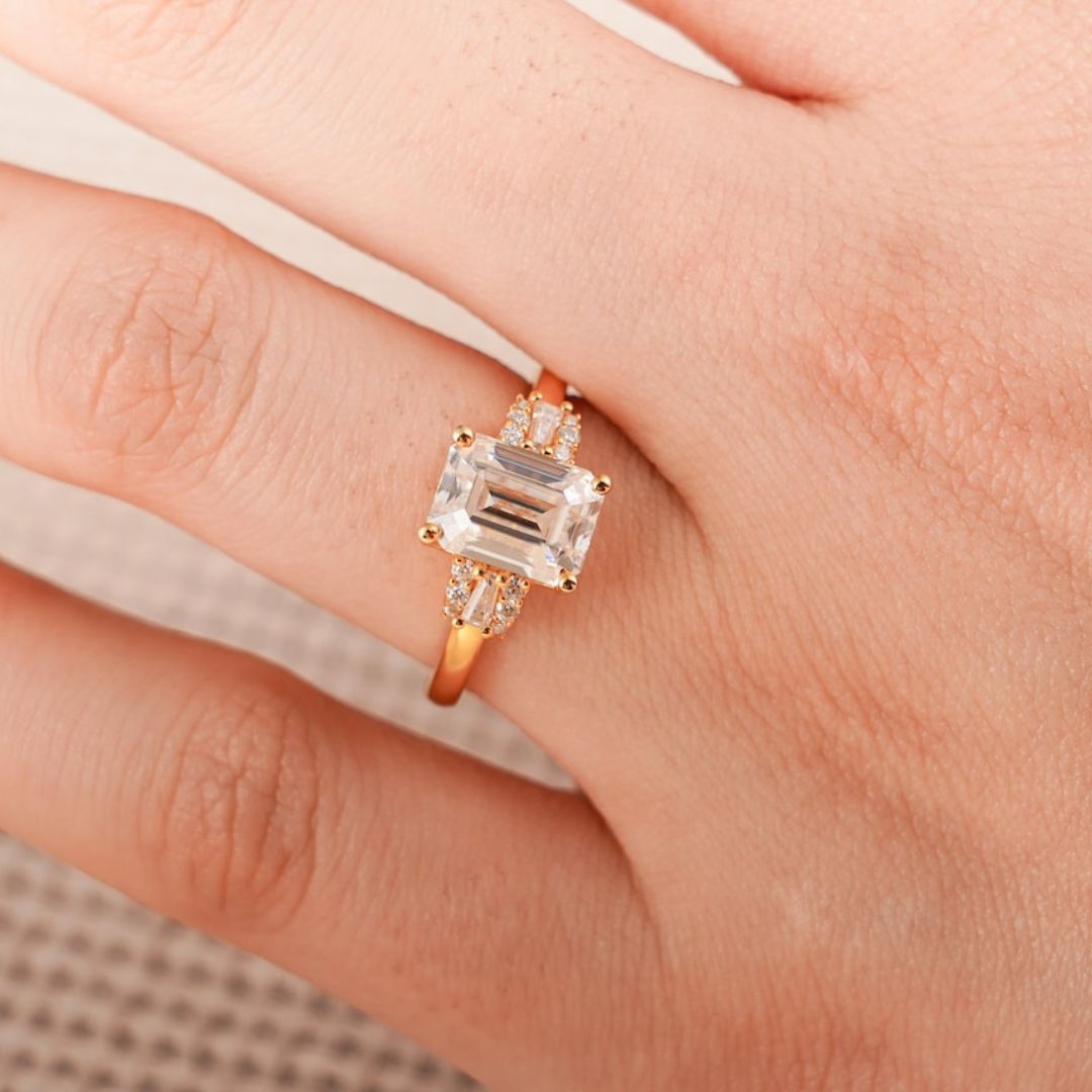 Moissanite 4.37 CT Emarald Cut Diamond  Edwardian Engagement Ring