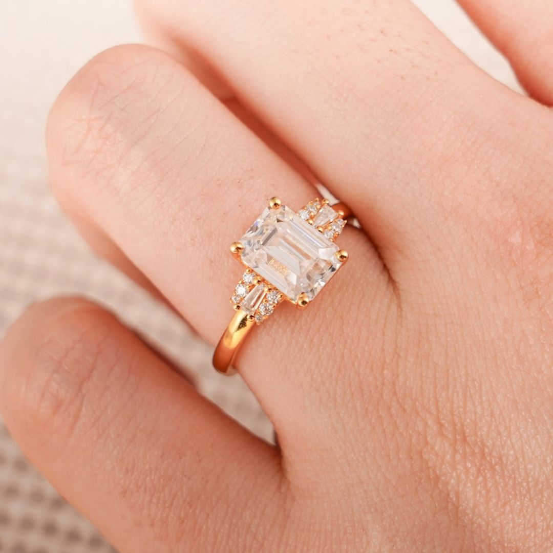Moissanite 4.37 CT Emarald Cut Diamond  Edwardian Engagement Ring