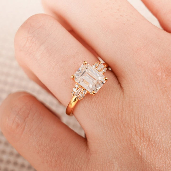 Moissanite 4.37 CT Emarald Cut Diamond  Edwardian Engagement Ring