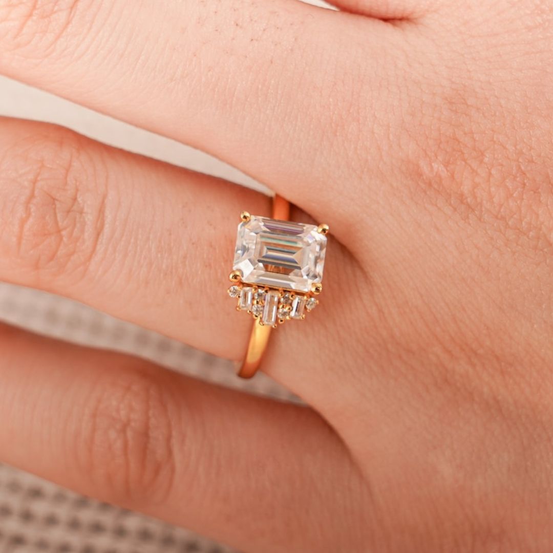Moissanite 3.47 CT Emerald Cut Diamond  Victorian Wedding Ring