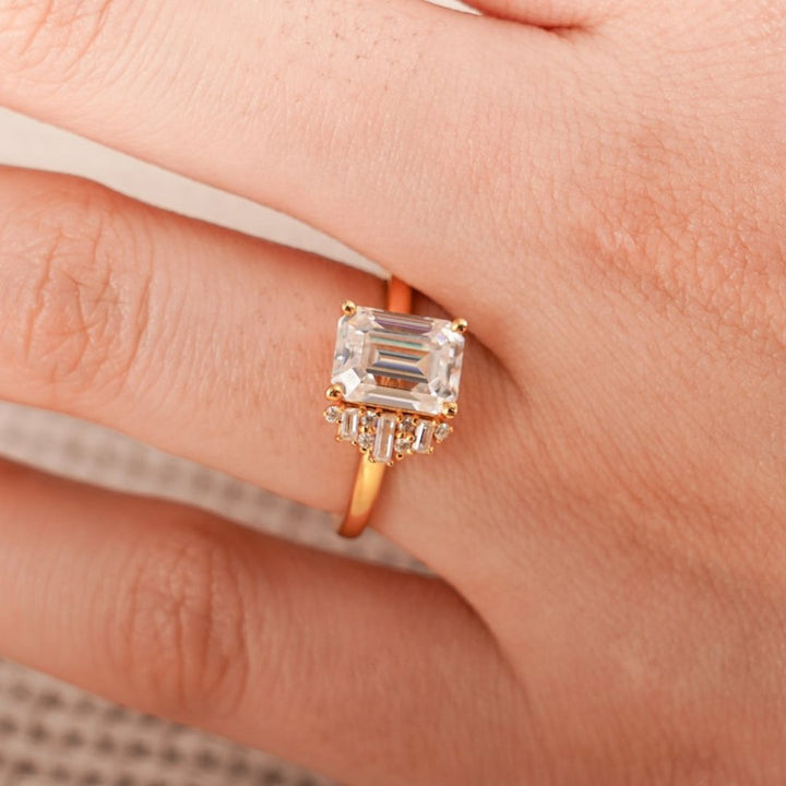 Moissanite 3.47 CT Emerald Cut Diamond  Victorian Wedding Ring