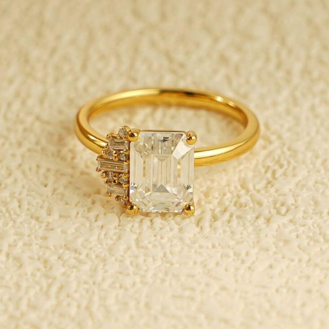 Moissanite 3.47 CT Emerald Cut Diamond  Victorian Wedding Ring