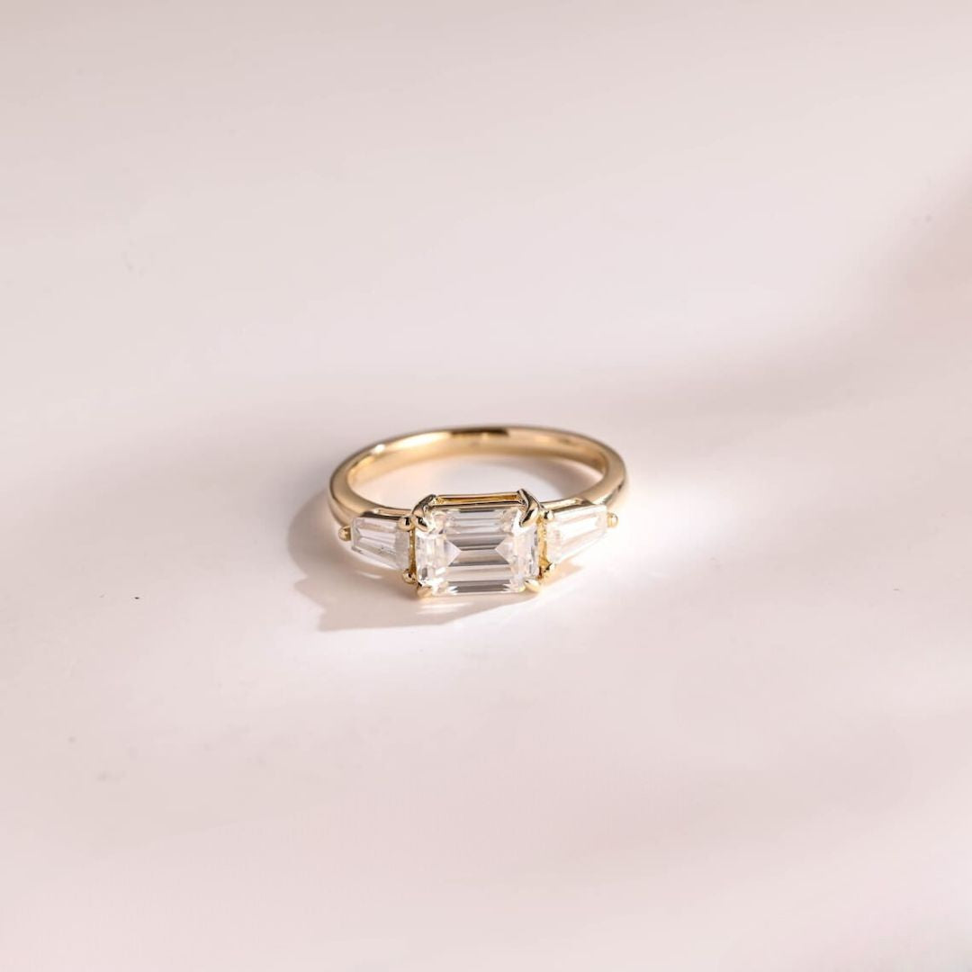 Moissanite 3.22 CT Emerald Cut Diamond  Avant Garde Engagement Ring