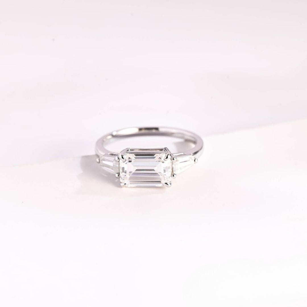 Moissanite 3.22 CT Emerald Cut Diamond  Avant Garde Engagement Ring