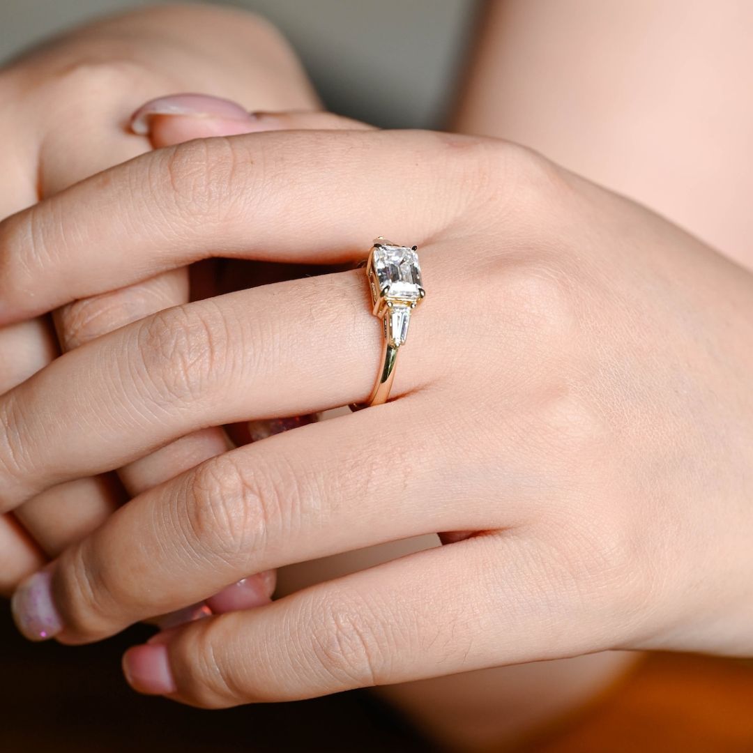 Moissanite 3.22 CT Emerald Cut Diamond  Avant Garde Engagement Ring