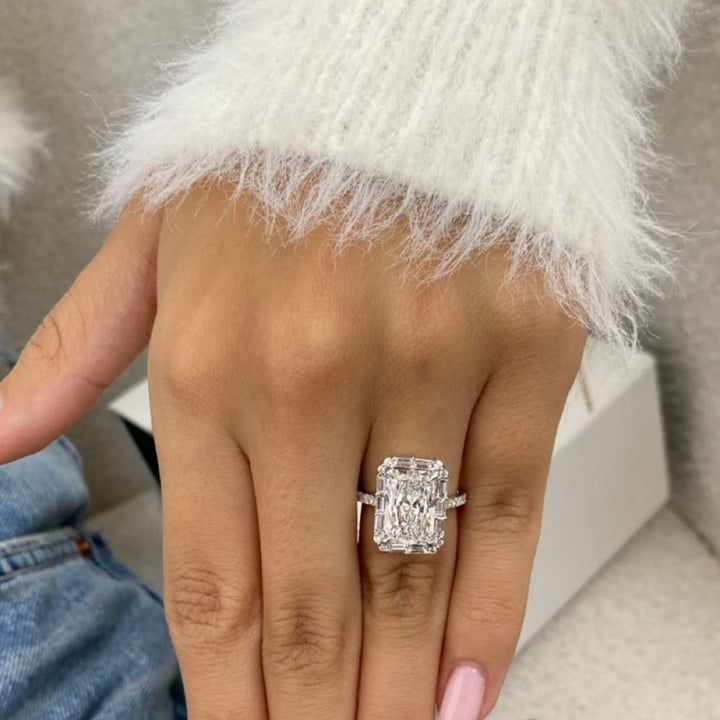 Radiant cut diamond ring with baguette and round stone