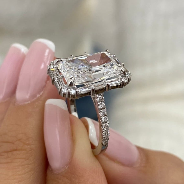 Radiant halo diamond ring with baguette side stones