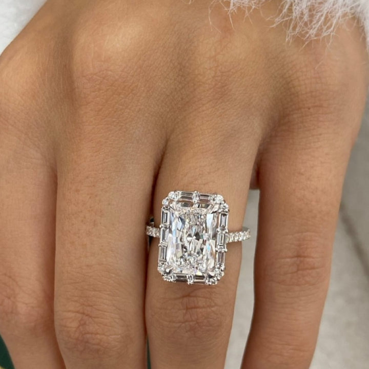 Radiant engagement ring with baguette diamond