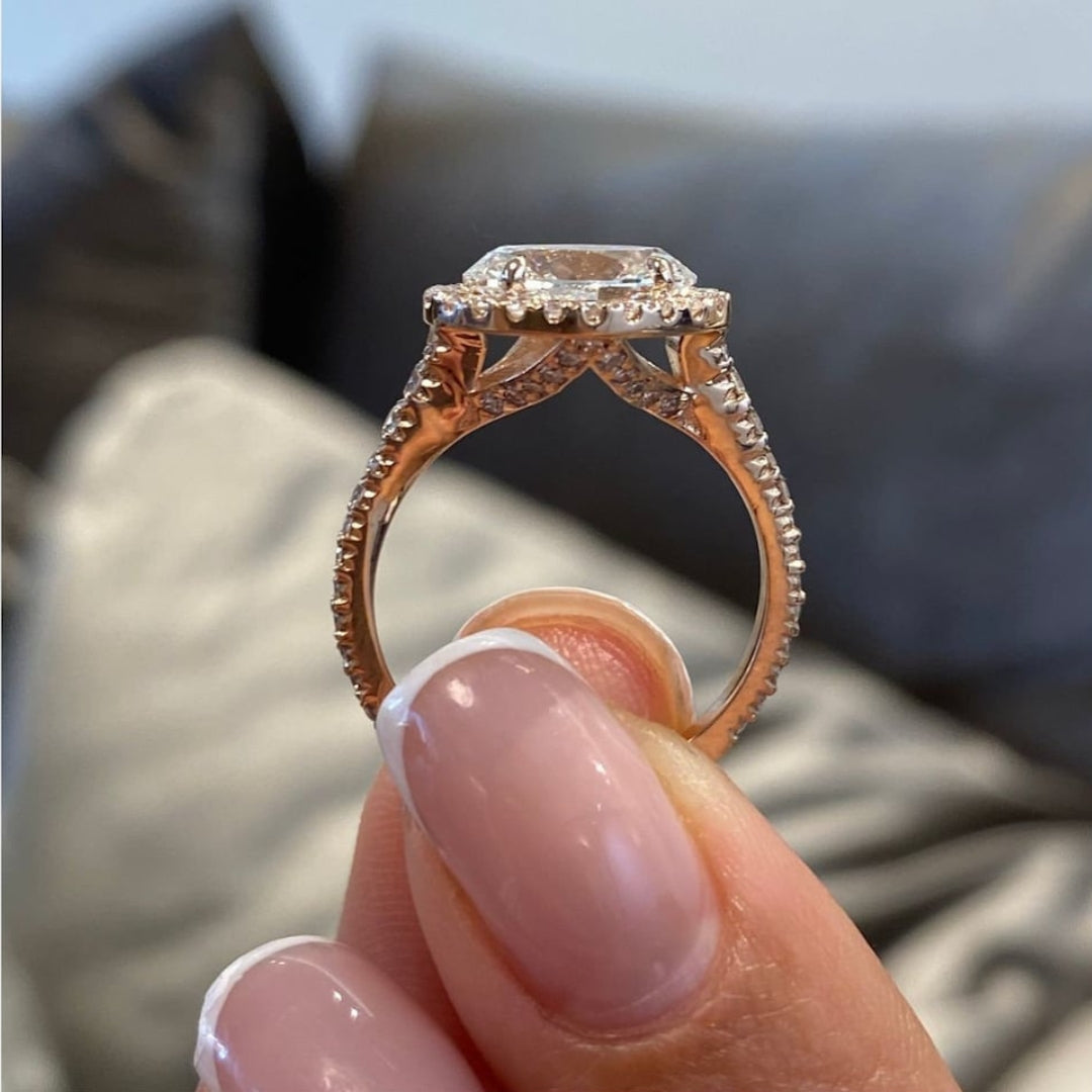 Oval moissanite hidden halo ring