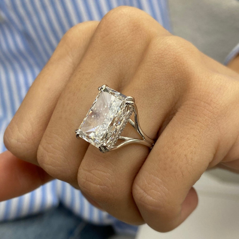 Radiant diamond hidden halo ring