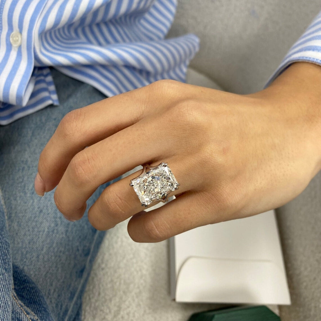 Radiant cut hidden halo ring white gold