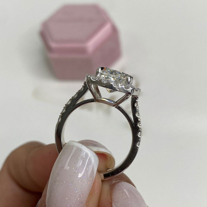 Antique cushion cut halo ring