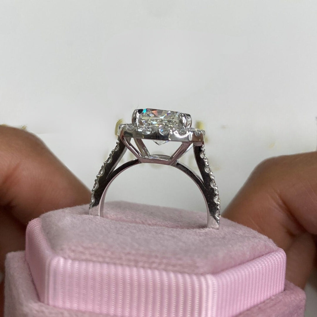 Modern cushion halo engagement ring