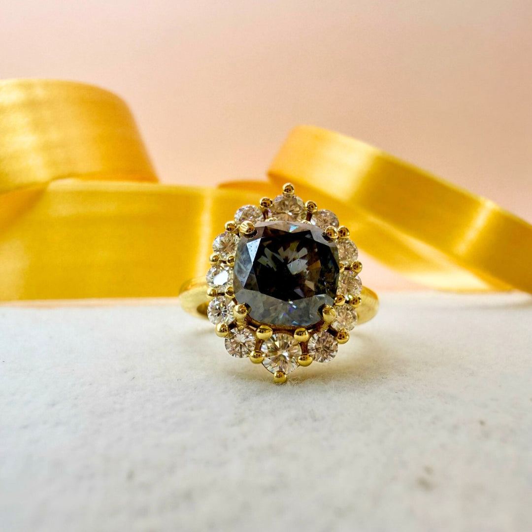 Black cushion halo diamond ring