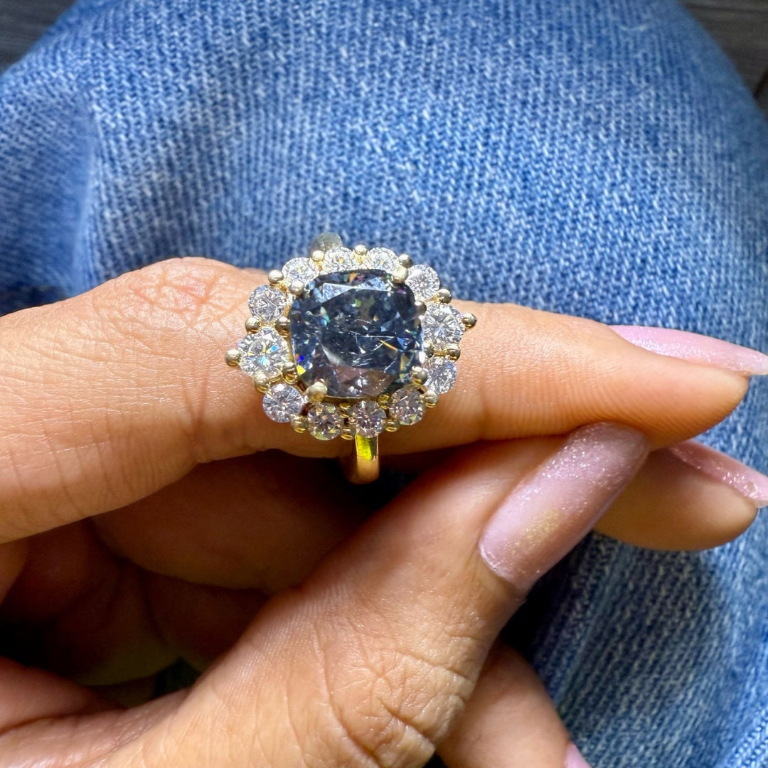 Cushion black diamond ring yellow gold
