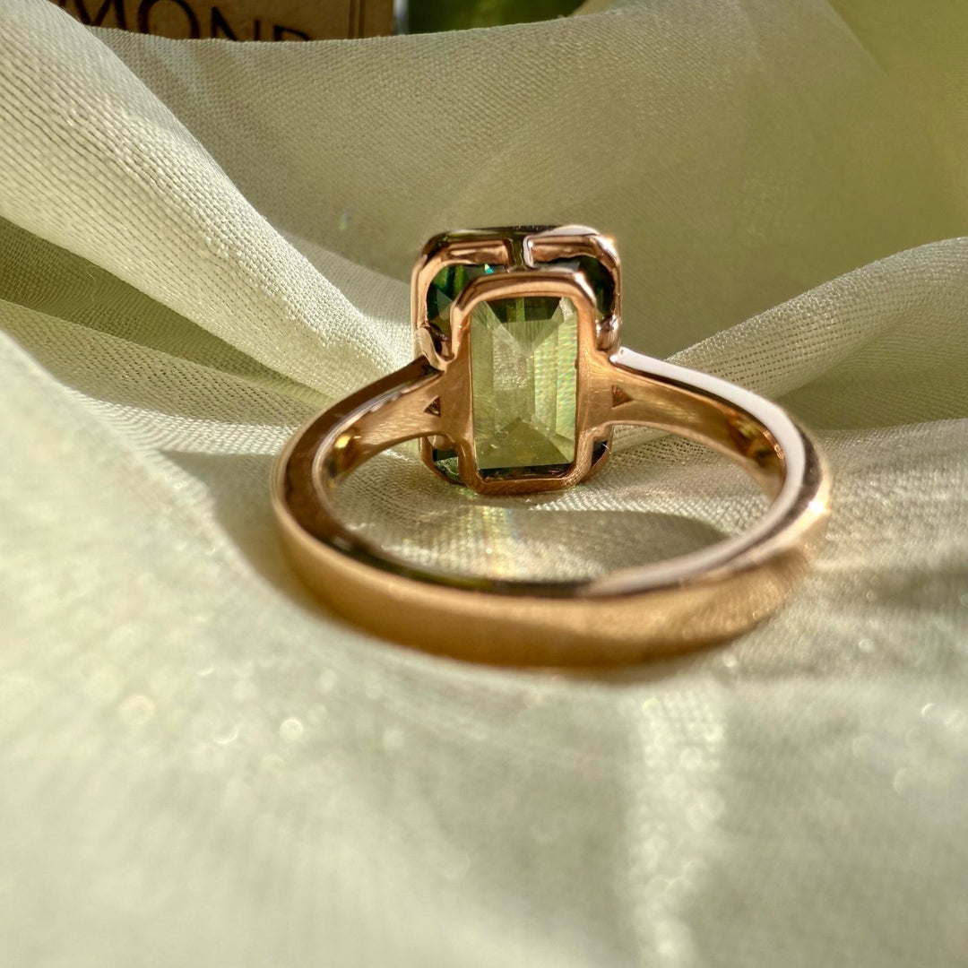 Emerald shaped moissanite ring